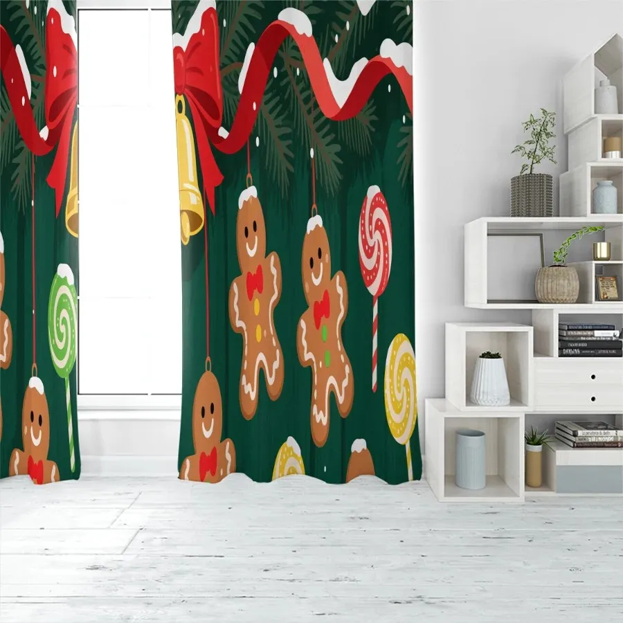 2PCS Christmas Curtains Gingerbread Man Lollipop Bell Red Ribbon Green Background Digital Print Drapes for Living Room Bedroom