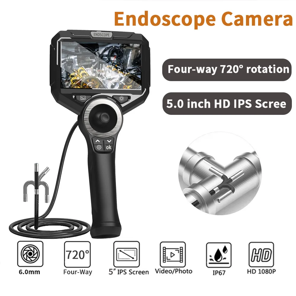 4-Way Rotary 720° Industrial Piping Endoscope Camera Sewer Borescope Inspection with 5.0 Inch IPS Screen 6.0mm Lens HD 1080P