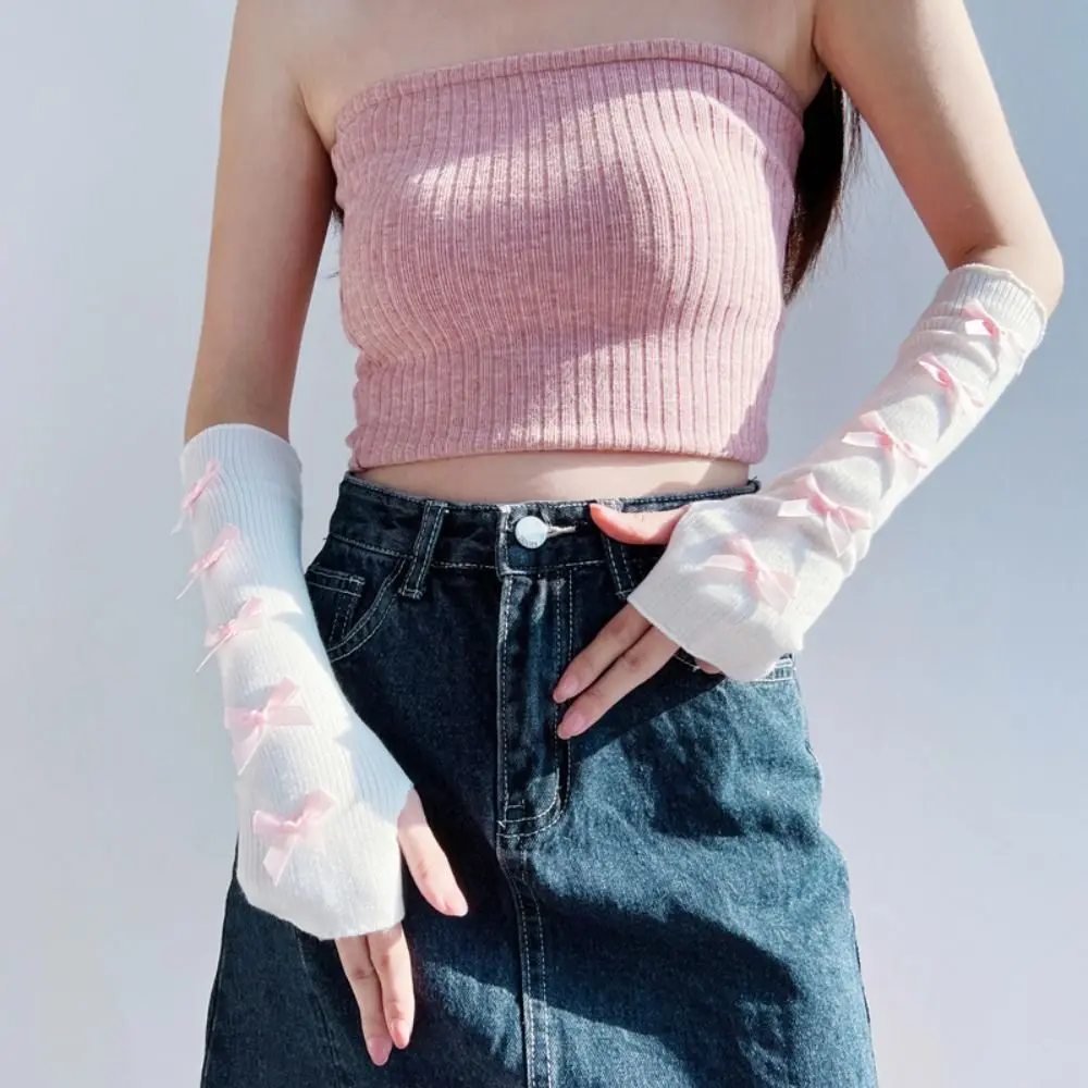 Эластичные Y2K теплые рукава с бантом Лолита косплей бант вязаные перчатки балетный стиль корейский стиль гетры без пальцев Лолита