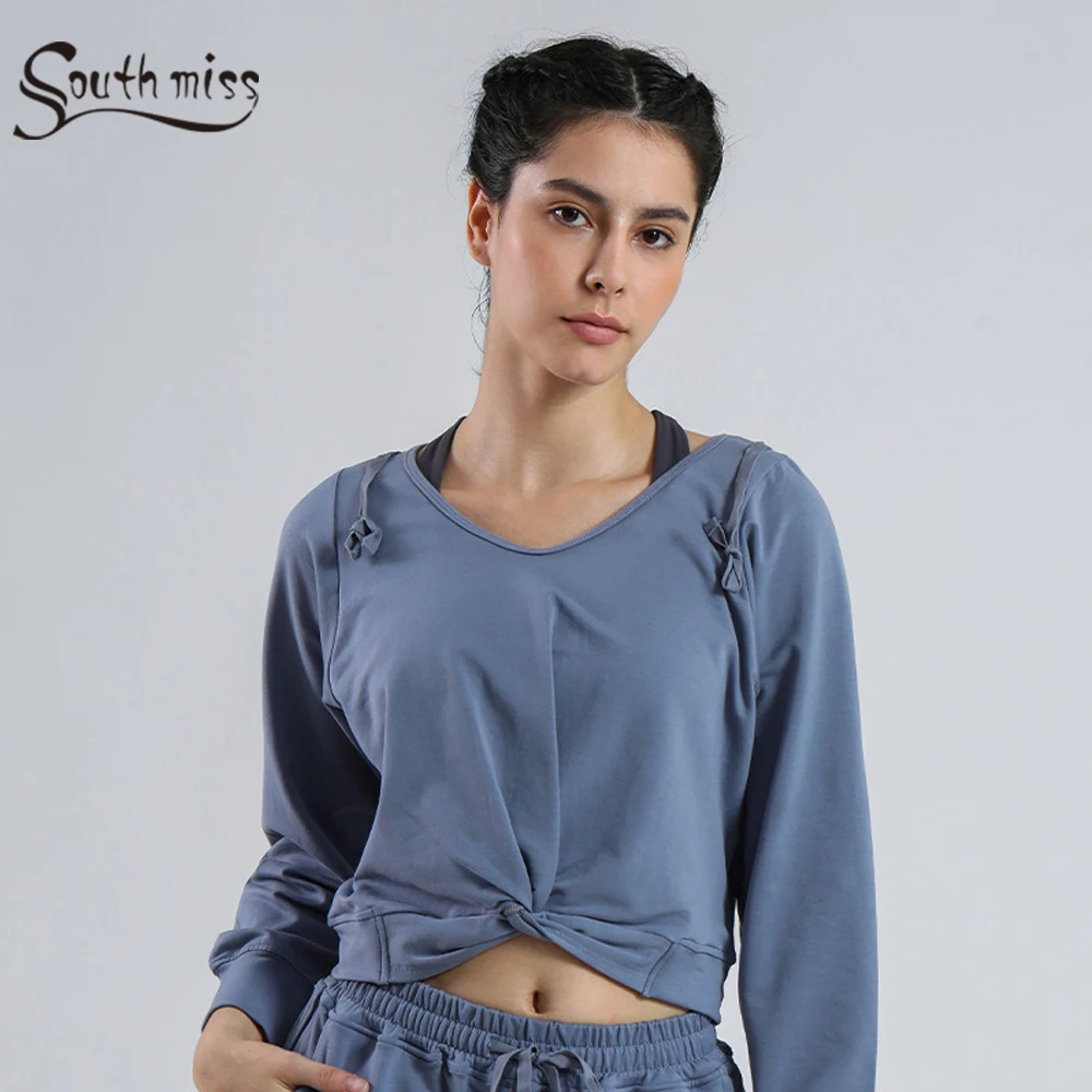 

Woman Black Crop Top Hoodie Oversize Long Sleeve Loungewear Cotton Blue Tie Front Yoga Top T shirts