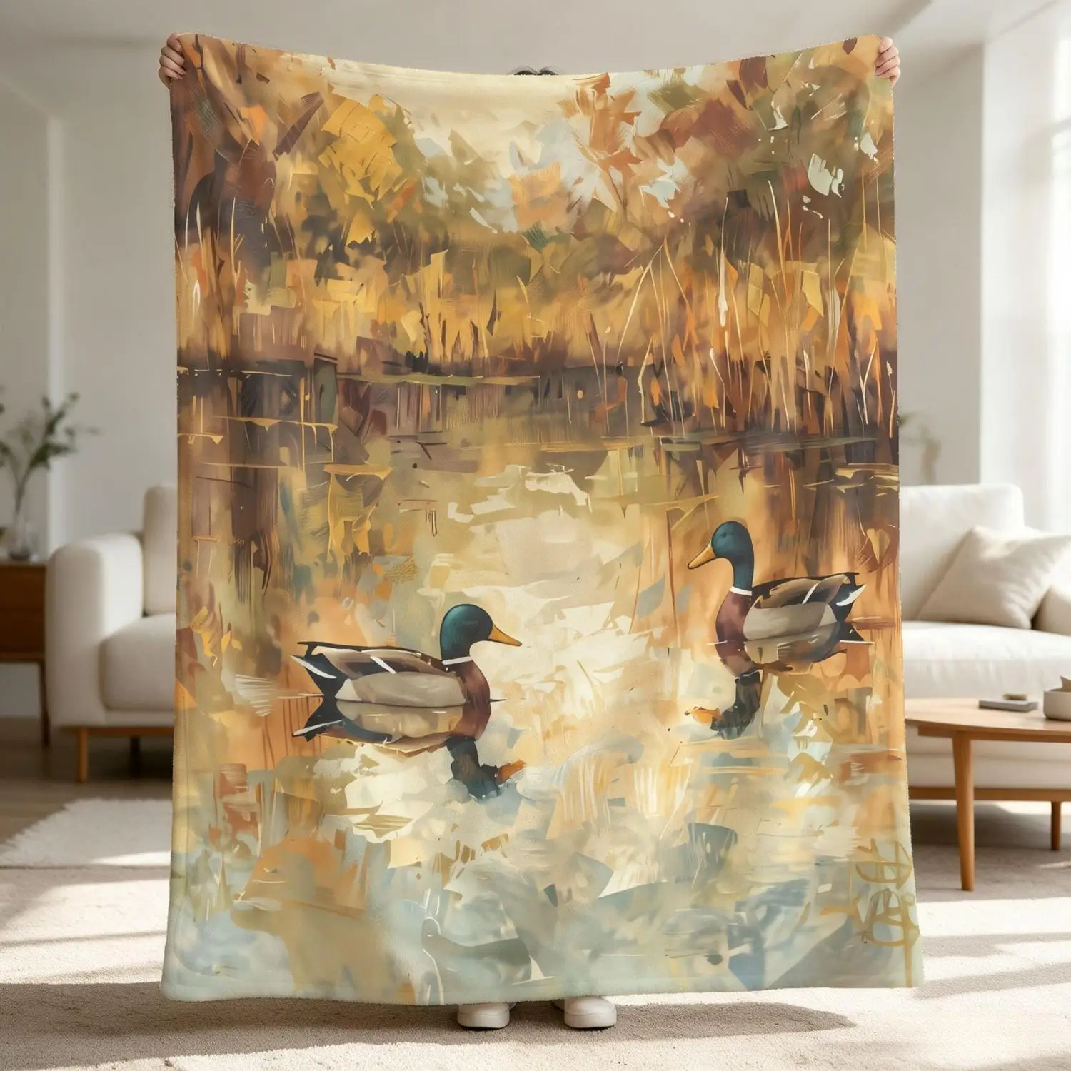 [Flannel Blanket] Wild Duck Blanket Pond Impressionist Oil Painting, Gift for Nature Lovers, Living Room Decoration