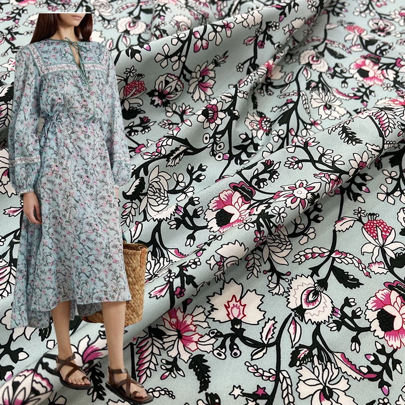 

European Brand's New Flower Vine Horizontal Pattern Artificial Cotton Fabric Digital Printed Fabric for Women's Clothing