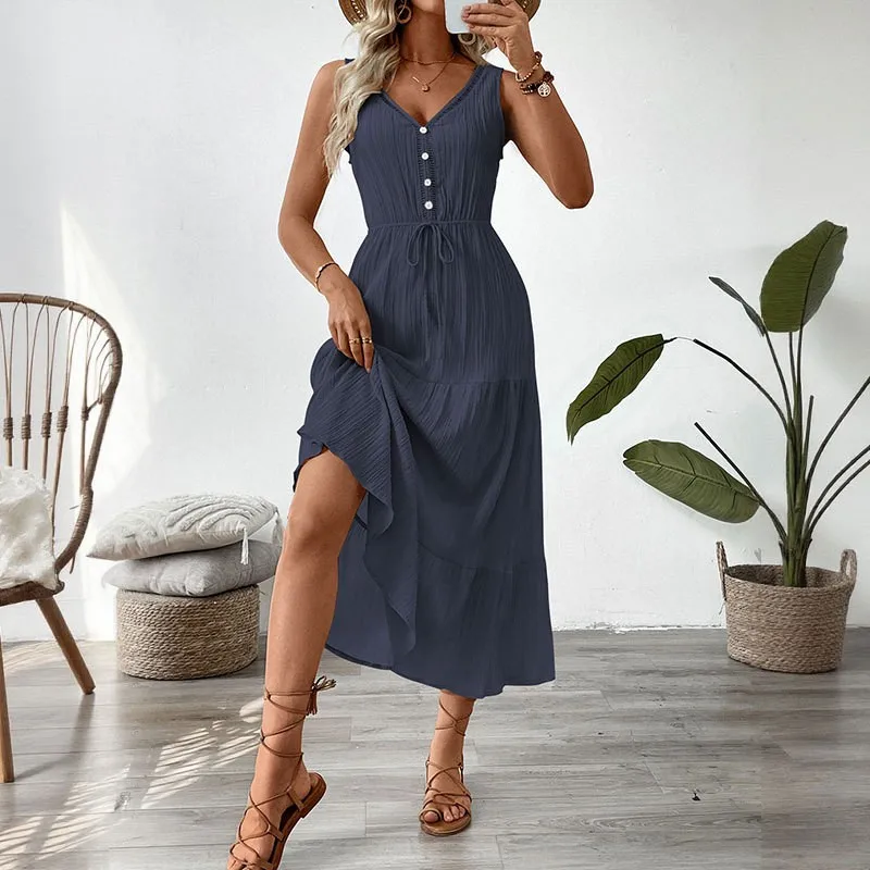 Summer Woman Dress V Neck Sleeveless Women's Casual Dresses High Waist Maxi Dress Button Front Tiered Skirt A Line Dress