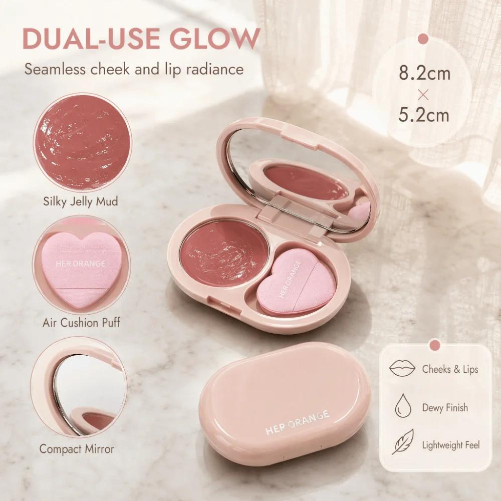 2-in-1 Blush & Lip Mud Rouge Lasting with Air Cushion Jelly Lip & Cheek Multi-Use Balm Waterproof Smooth Makeup Blush Cream