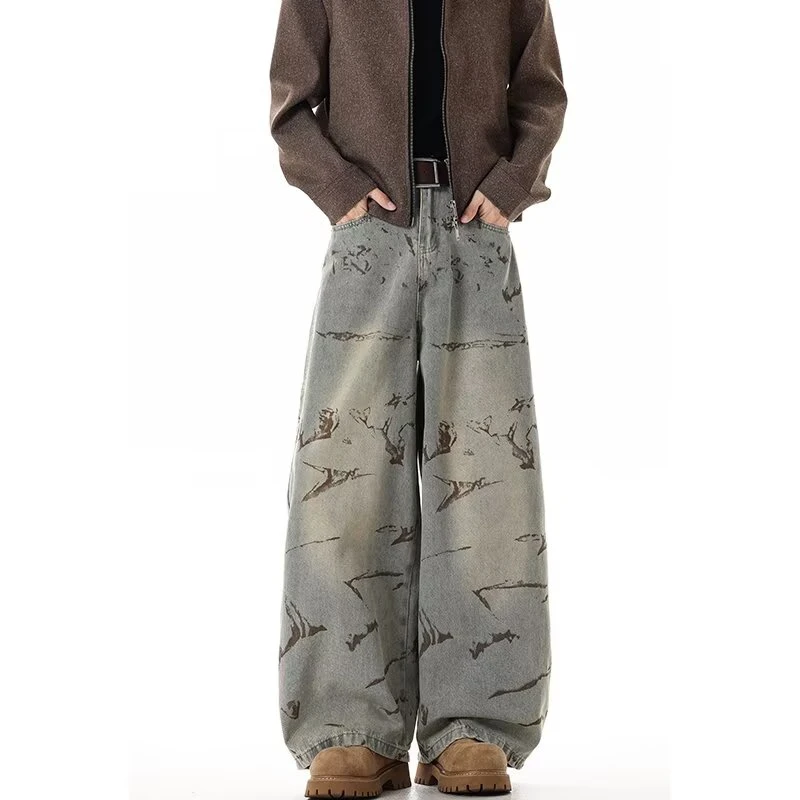 Men's Tie Dye Vintage Jeans Casual Pants Young Boy Clothes 90s Cargo Sweatpants Male High Waist Y2k Cool Trousers