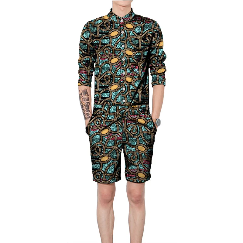 ไนจีเรียพิมพ์เสื้อแขนยาวพร้อมกางเกงขาสั้นผู้ชายชุดที่กําหนดเองแนวโน้มแอฟริกัน SLIM FIT PARTY ชุด