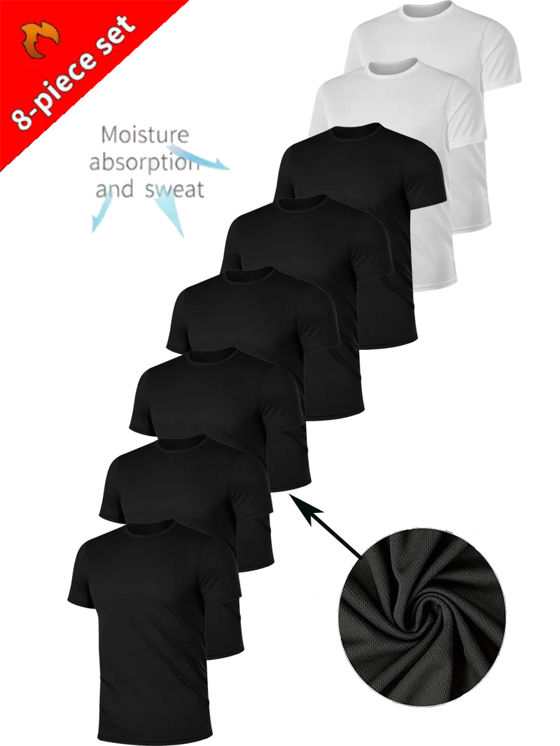 

Men's 8-Piece Solid White and Black Round Neck Breathable Moisture Wicking Casual Wear for Layering or Outerwear Gym Workout Spo