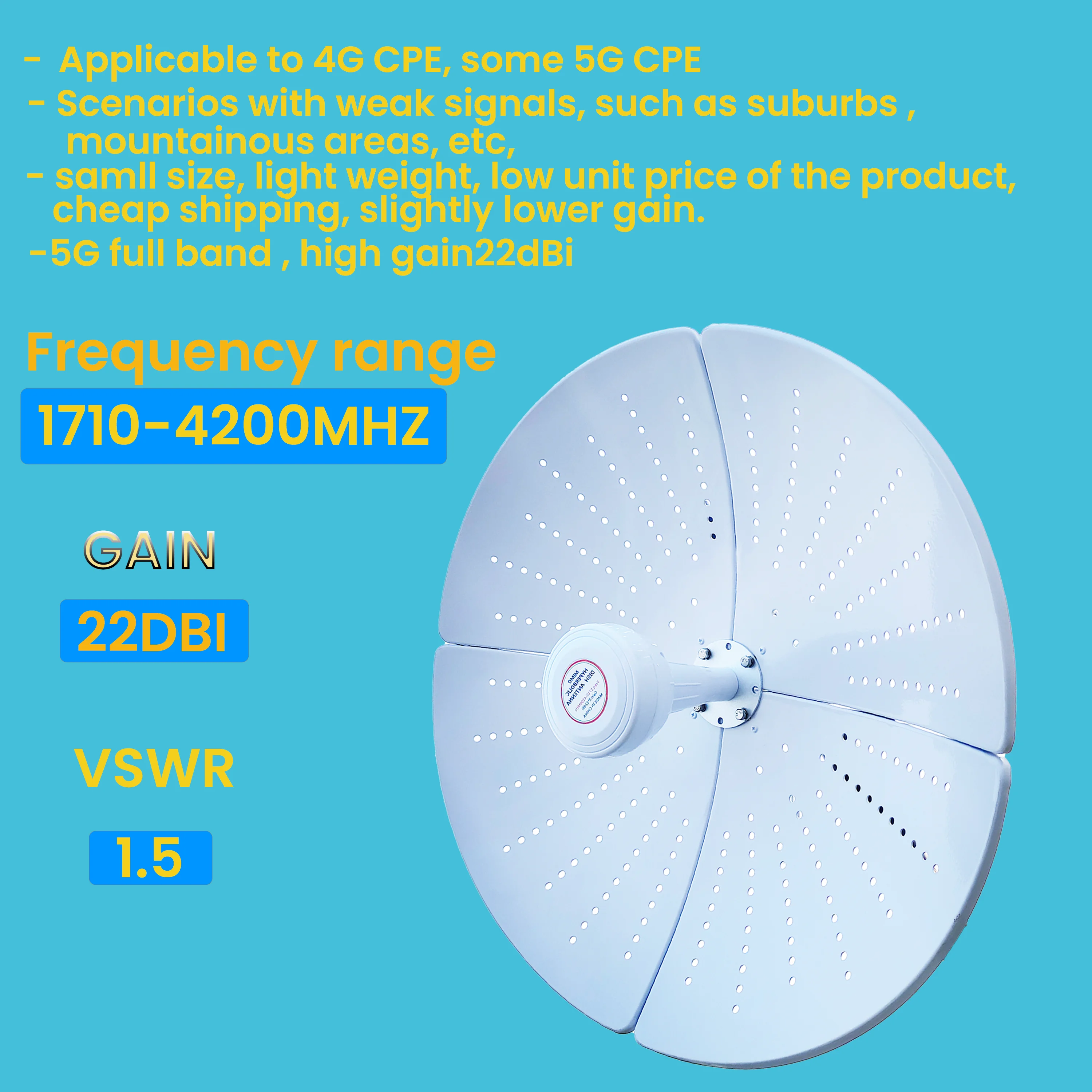 고이득 3G4g5g 1710-4200Mhz 27Dbi 와이파이 신호 증폭기 분할 하이퍼볼릭 접시 60Cm 안테나