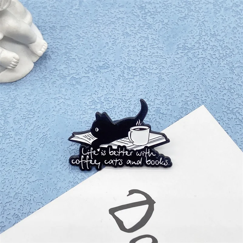 Retro Punk Style Black Cat Coffee And Book Design Metal Enamel Brooch Creative Badge Men Women Clothing Accessories Pin Jewelry