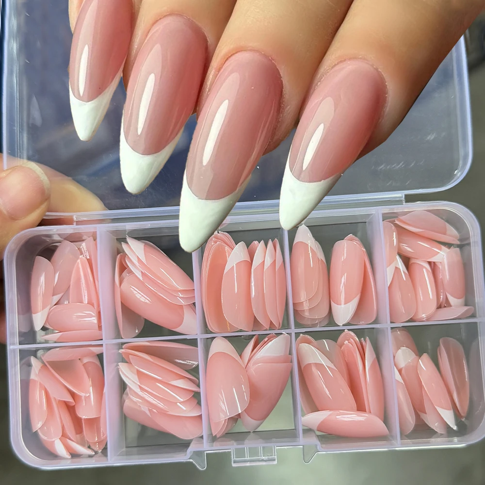 

120Pcs White French Almond False Nails Medium Length Glossy Nude Pink Press on Nails Soft Gel Full Cover Fake Fingernail Tips_#!
