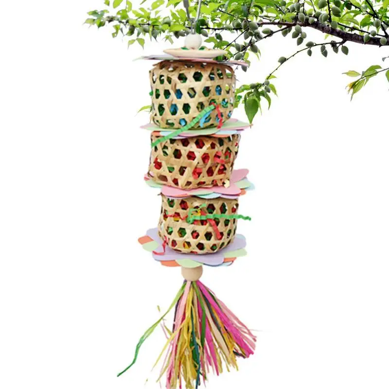 Pet Bird Parrot Chewing Toys Natural Grass Woven With Bells Hanging Bird Cage Toy Swing Climb Playing Pendant Bird Accessories