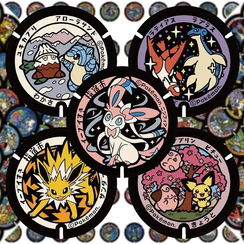 108Pcs Round Pocket Monster Manhole Stickers Waterproof Pokemon Pikachu Decals for Journal Skateboard Children DIY Toys