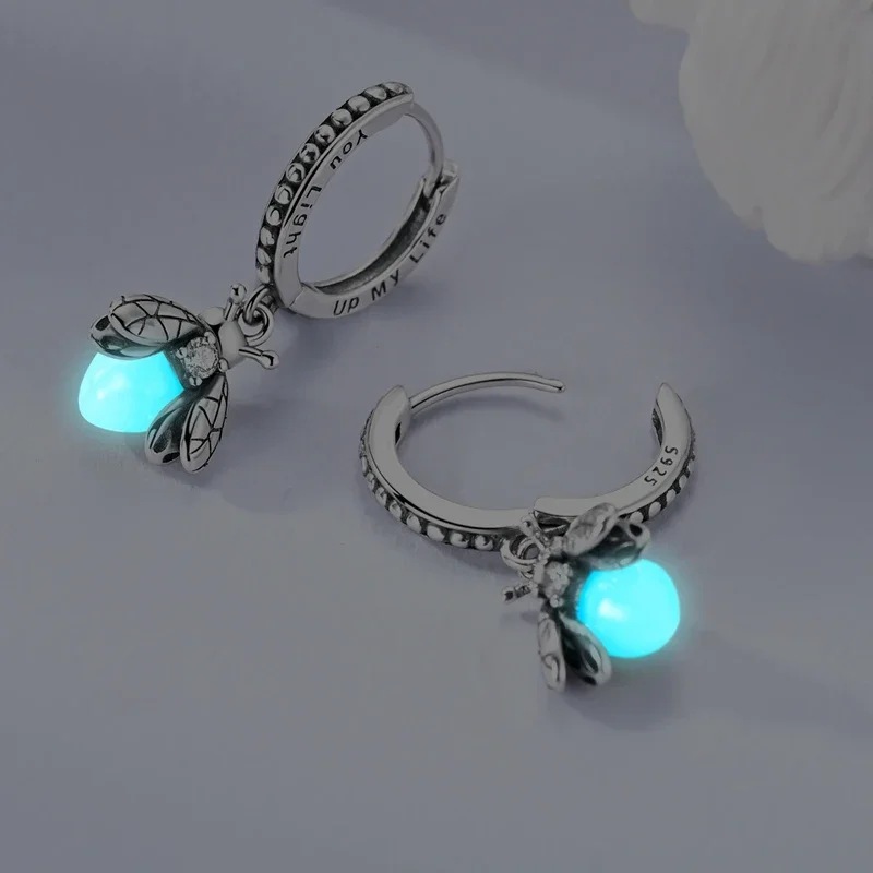 Original Earrings 925 Silver Glowing Firefly Dangle Hoop Earrings Ear Studs green Zircon Making Jewelry For Women Girl Party view 2