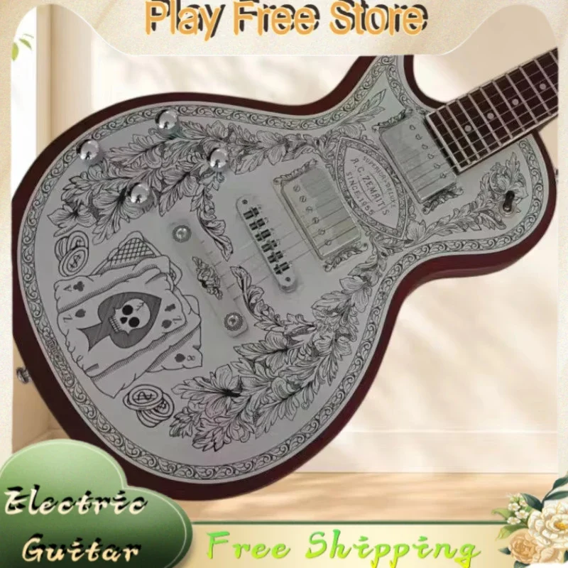 LPT Electric Guitar All Aluminum Hand Etched Carved Retro Metal Shell Dual Pickups Peach Blossom Heart Body Stable Bridge New