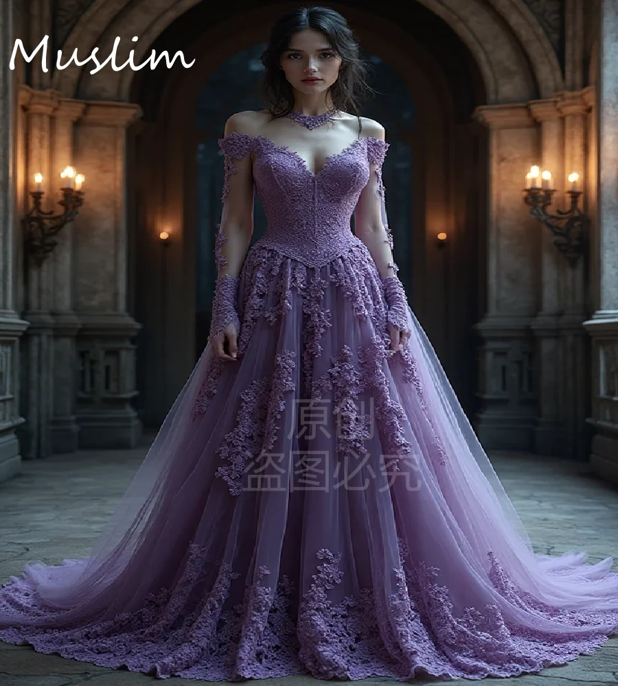 

Elegant Purple Lace Medieval Wedding Dress 2026 Long Sleeve Bohemian Victorian Renaissance Bridal Dress Elven Boho Mystic Bride