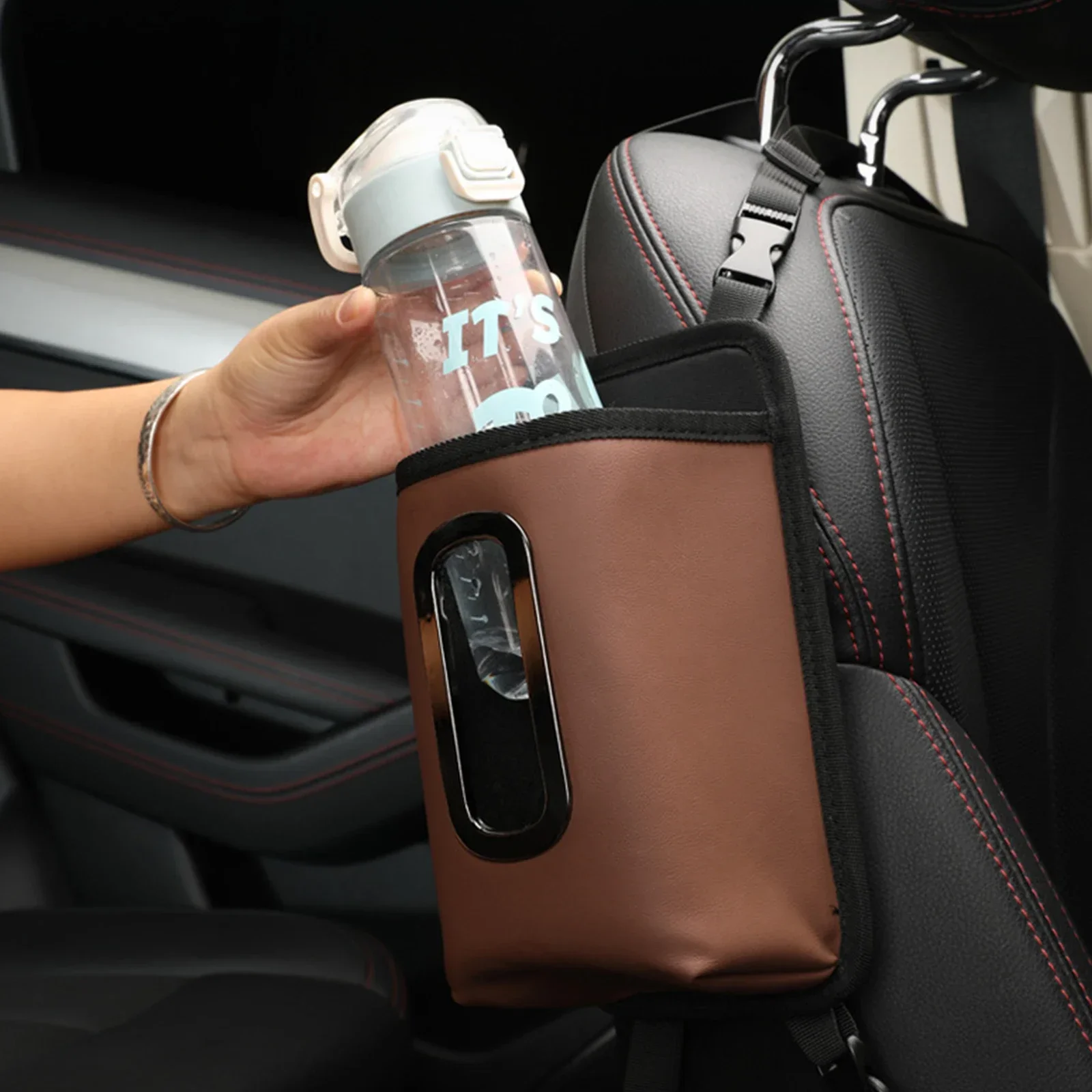 

Leather Auto Backseat Hanging Tissue Box Holder Car Seat Side Water Cup Storage Bag Paper Drawer Organizer