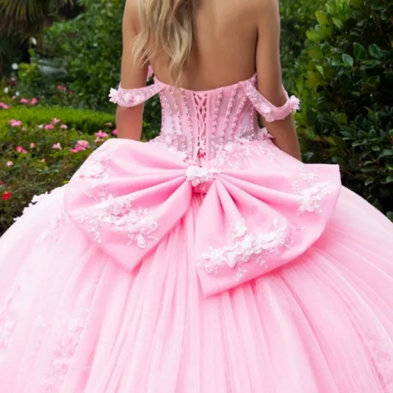 

A3845 High Quality Pink 15th Girl Quinceanera Dresses Floral Applique Bowknot Puffy Skirt Women Prom Birthday Party 15Customized