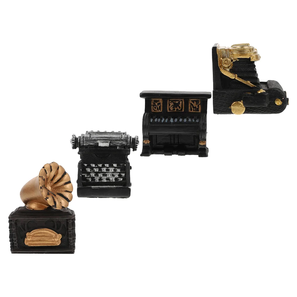 

4 Pcs Vintage Ornaments Mini Retro Typewriter Miniature Phonograph Supply Video Recorder Adornment Kid Piano Figurine House