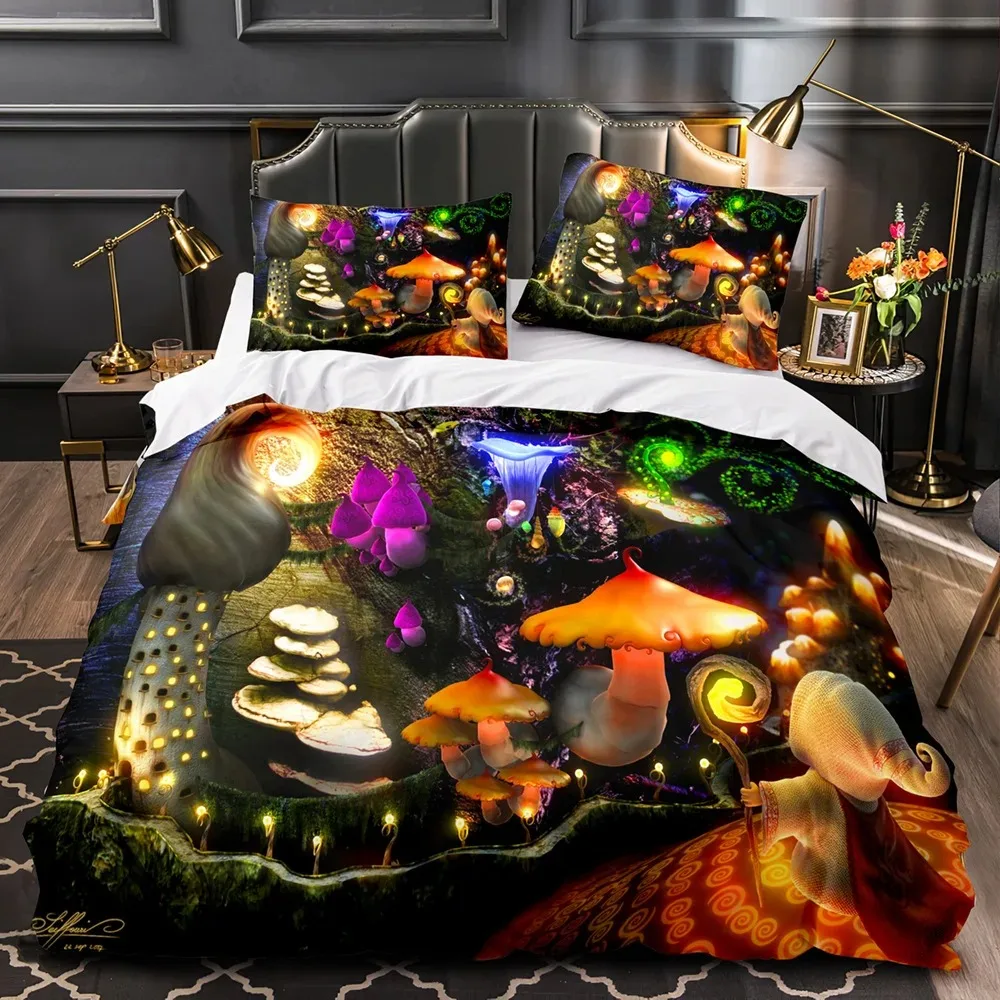 Mushroom Fairy Forest Duvet Cover Magic Lilliputian Cartoon Fungus Plant Bedding Set Fantasy Garden Polyester Comforter Cover