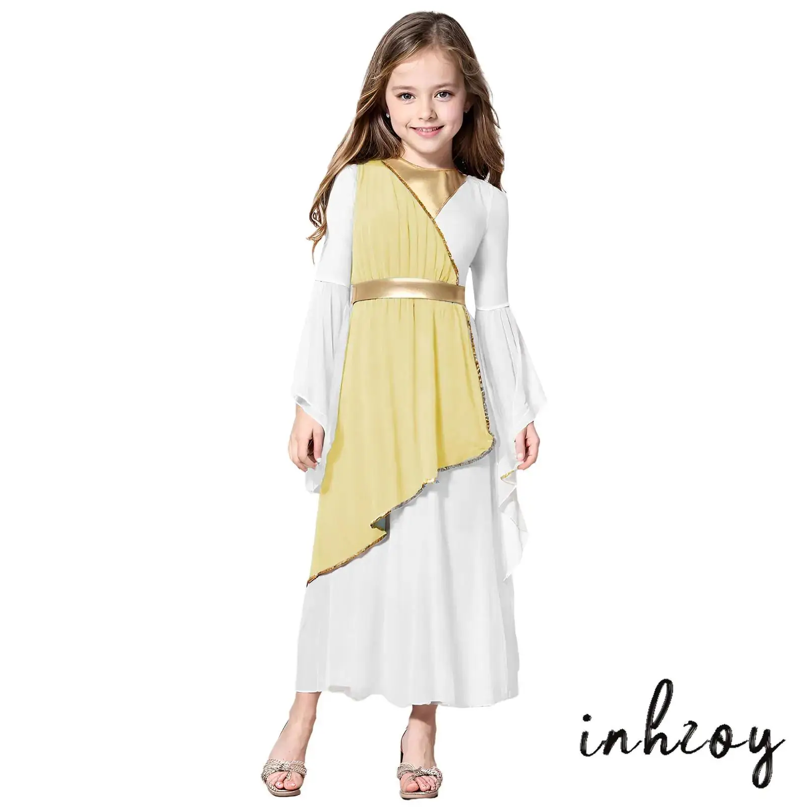 

Children Girls Luxurious Ancient Greek Princess Dress Long Sleeve Contrast Royal Cosplay Costume for Halloween Masquerade Ball