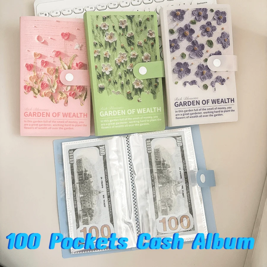 Sharkbang New Arrival 50 Sheets With 100 Pockets Cash Savings Book, Flora 4 Colors Cash Collect Book Album, Cards Organizer
