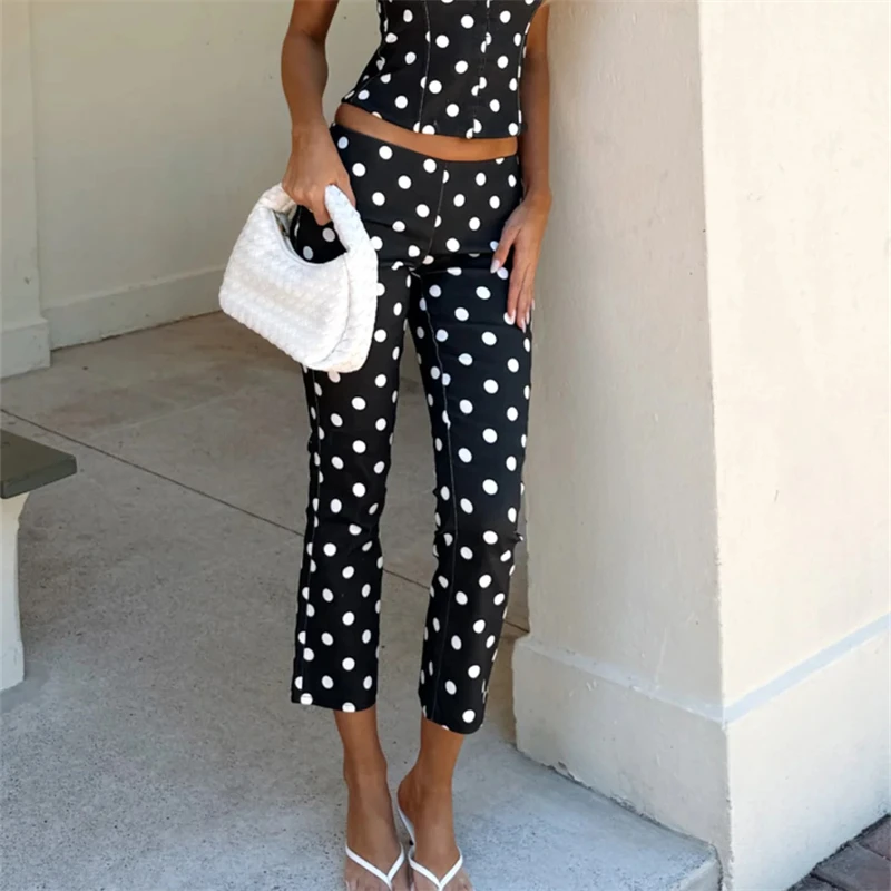 Women 2 Piece Outfits Sets Sleeveless Halter Neck Tank Tops and Cropped Trousers Pants Set for Party Club Black White Dot Print