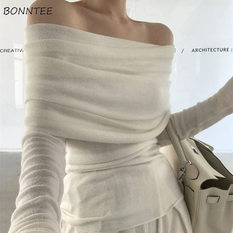 

Pullovers Women Off-shoulder Korean Fashion Slim Fit Sexy Spicy Girls Streetwear Knitted Slash Neck Sweaters Pleated Inner Chic