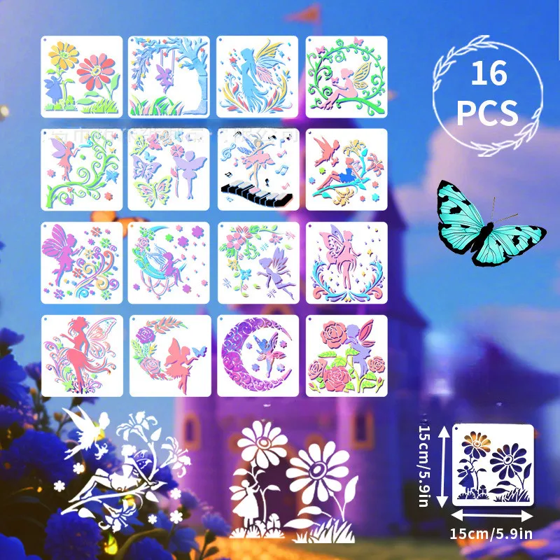 16pcs Elf Painting Template PET Material Flower Fairy Decoration Fairy Spray Flower Hollow Painting Board DIY Template for Kids