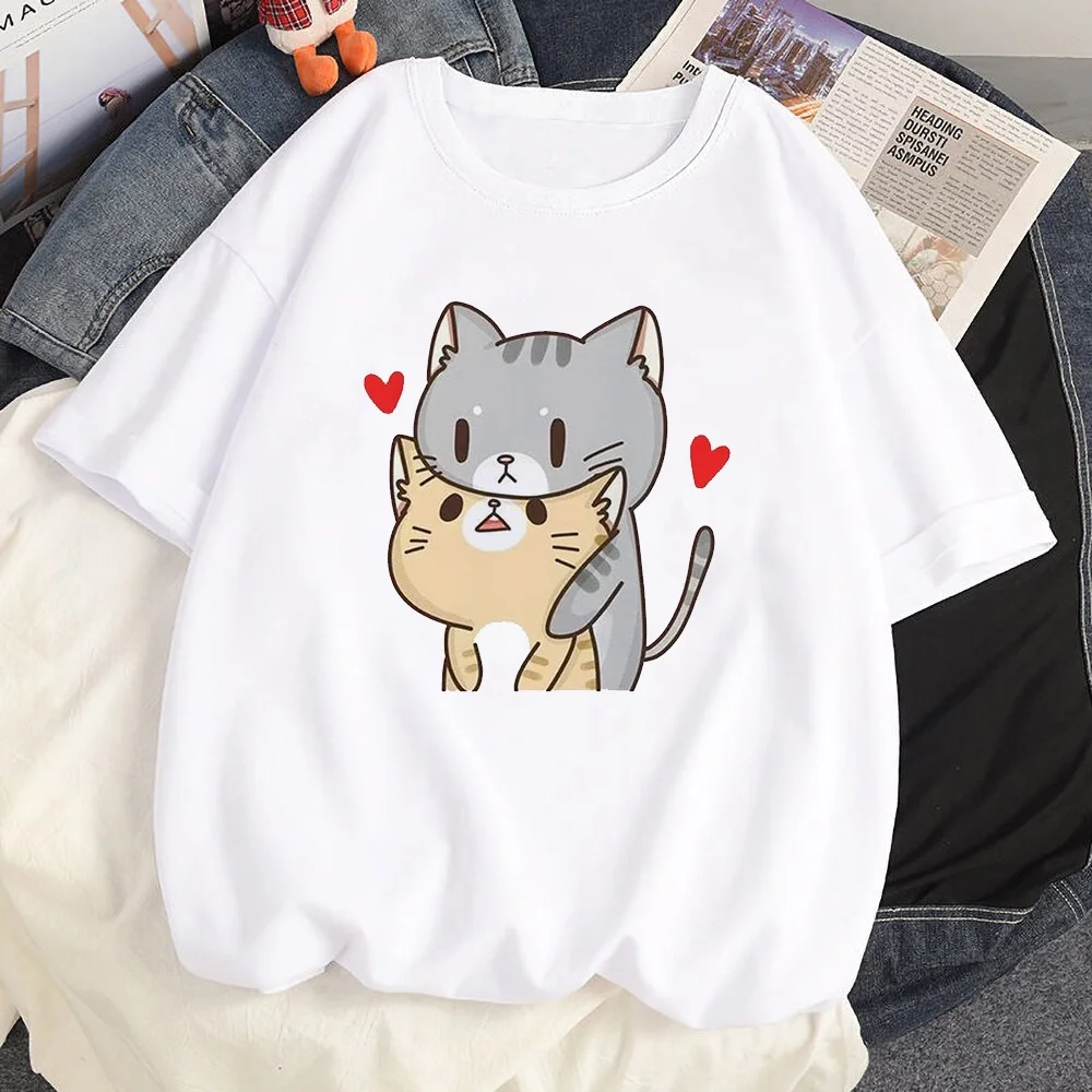 Summer Fashion Cute Corner Cat Cartoon Theme Graphic White T-shirts for Women Harajuku Streetwear Casual Short Sleeve Unisex