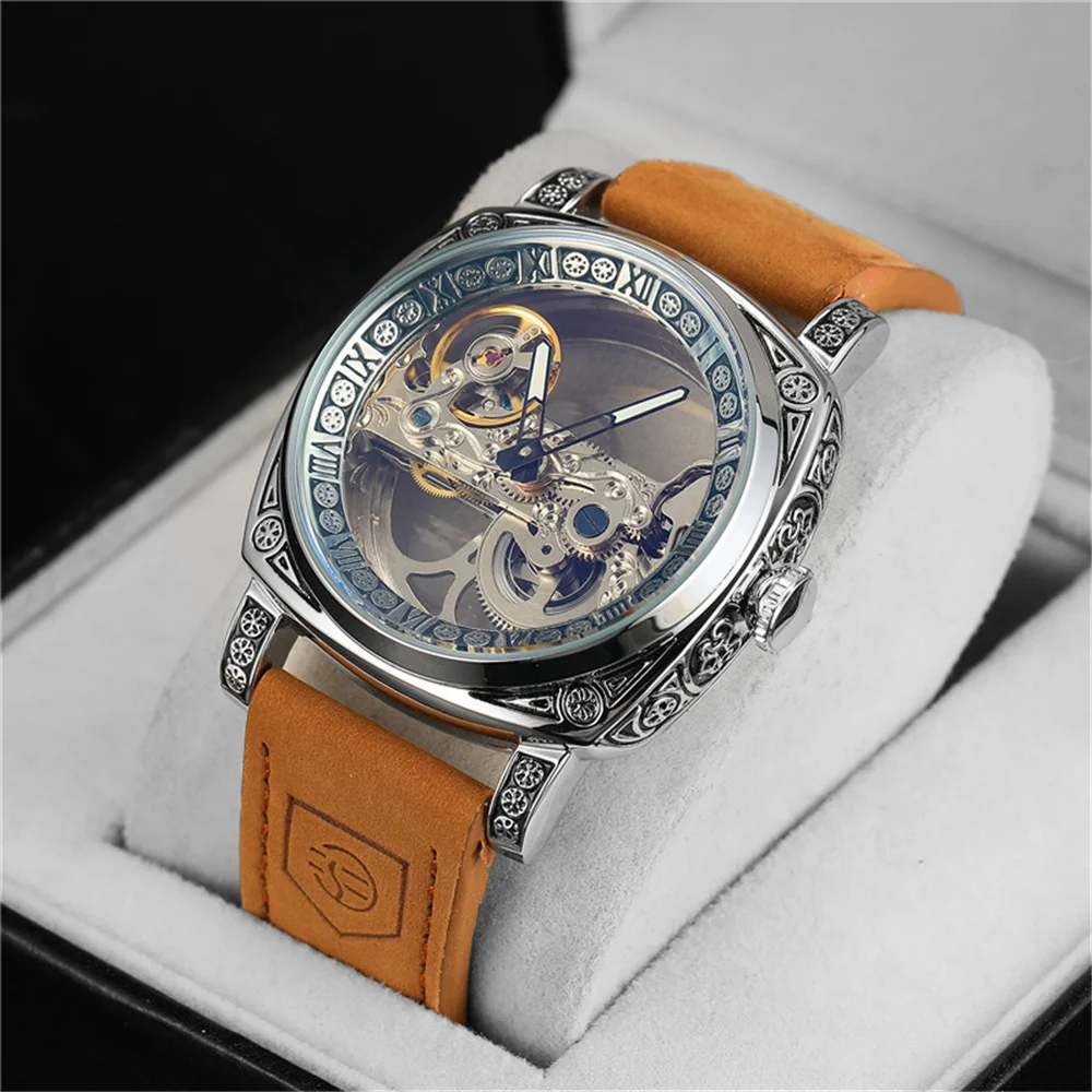 Forsining 403B Silver Skeleton clocks Brown Leather Belt Automatic Wristwatches for Men Transparent Watch Party Gift