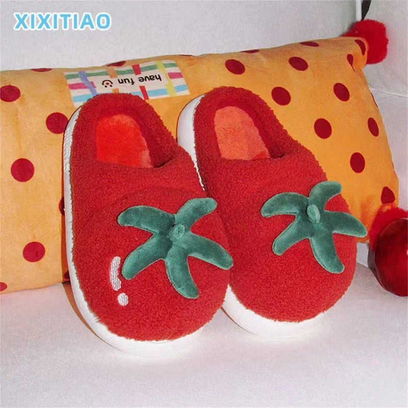 

Y2K Women Winter Slippers Cute Strawberry Plush Slippers Girl Winter Slides Home Indoor Non-Slip Thick Sole Soft Cotton Shoes