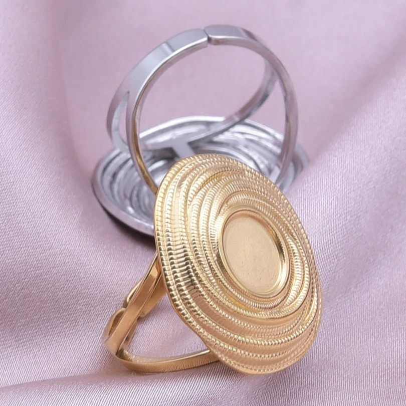 1/2pcs Mix Silver/Gold Color Oval Flower Sun Ring Stainless Steel Rings For Women Men Accessories Round Blank Cobochons Settings