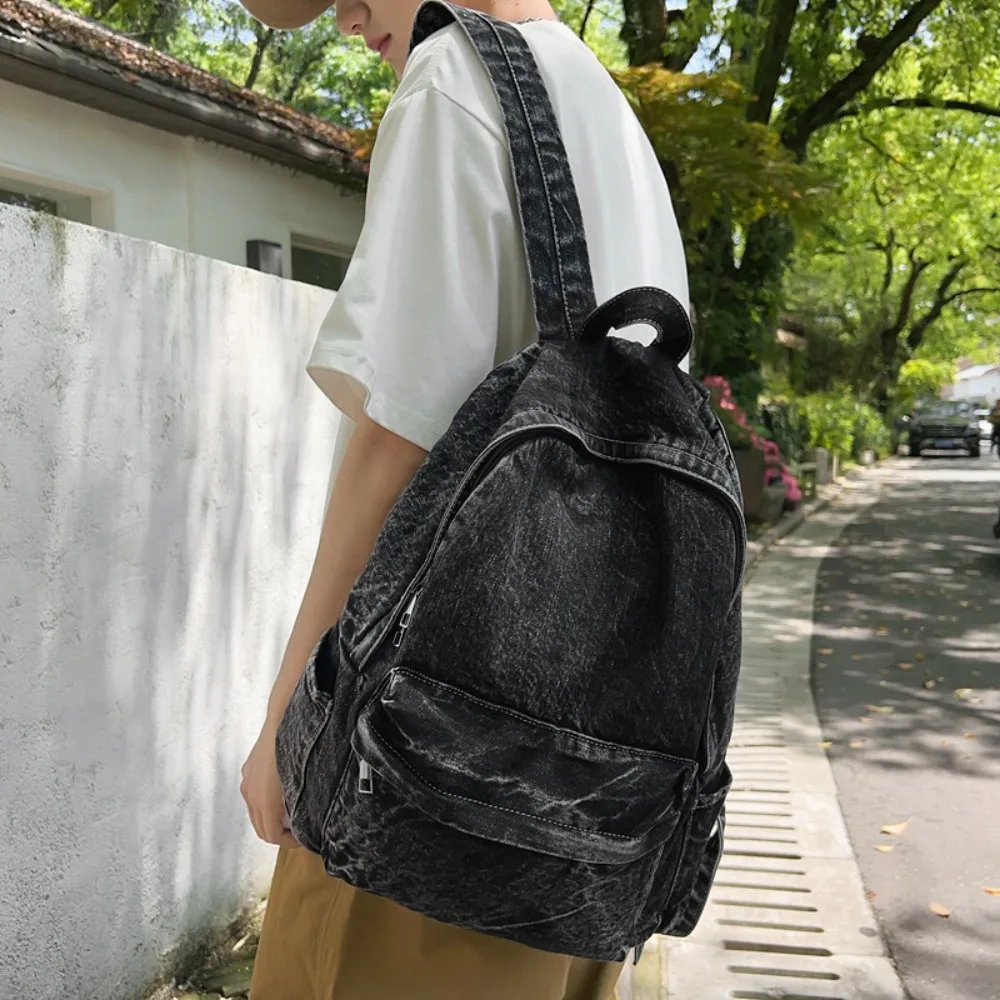 Water-washed denim durable men's backpack for casual travel, lightweight and large-capacity women's backpack