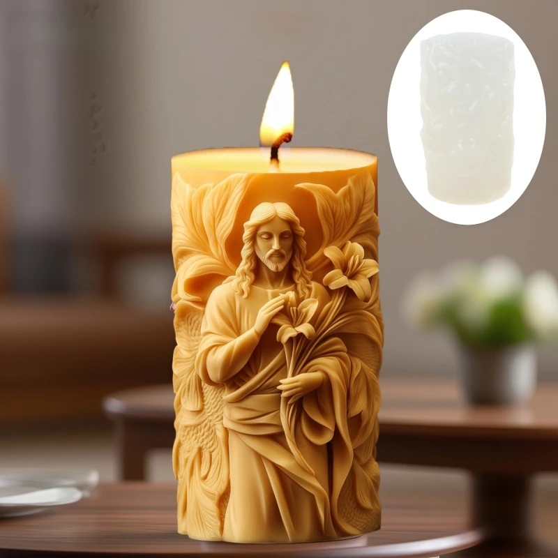 Molde de Silicone para Vela com Relevo de Jesus e Flor de Lírio, Molde de Silicone para Resina em Cilindro com Relevo de Jesus e Buquê de Flores de Lírio