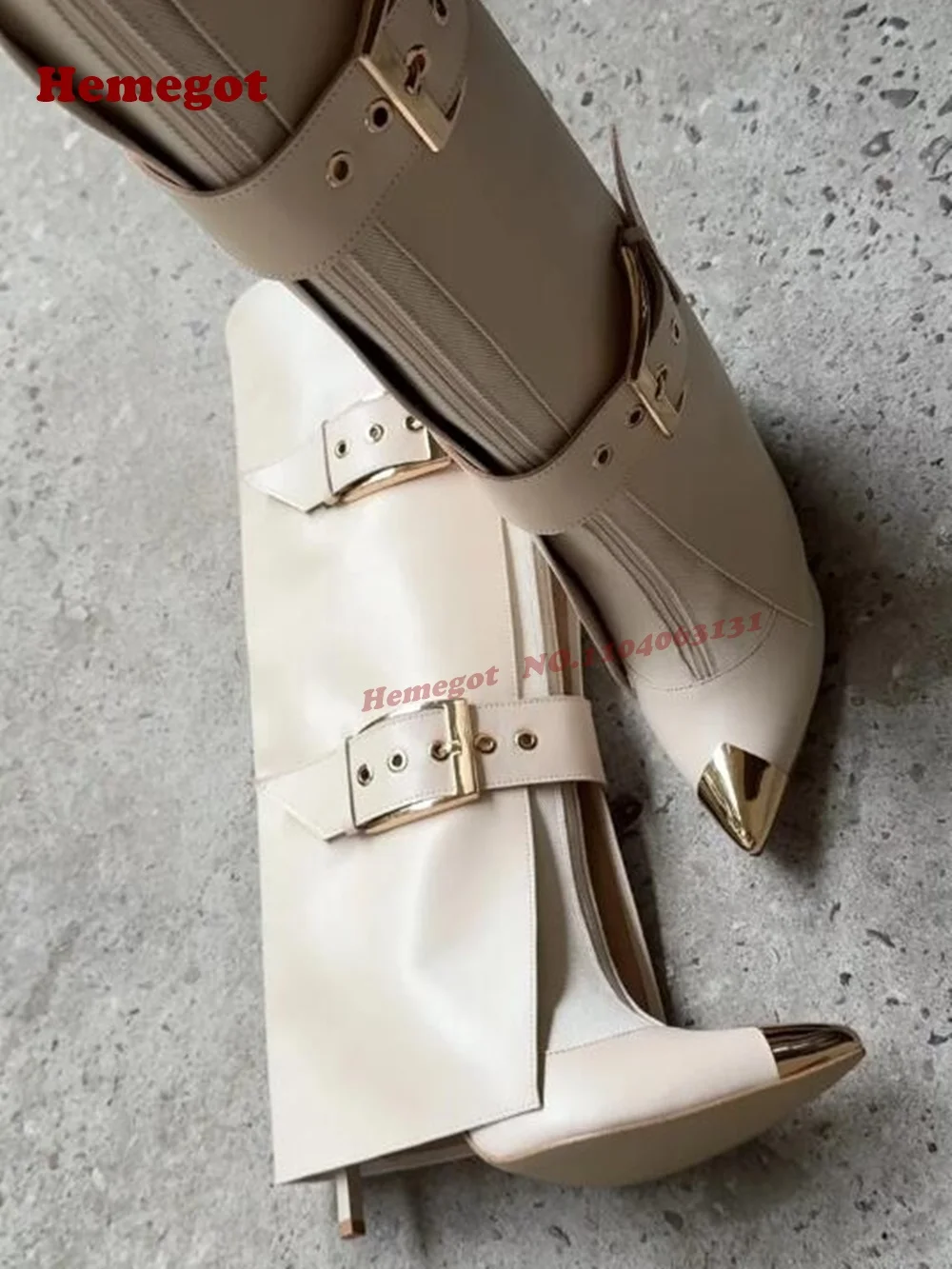 

Metal Toe Front Zipper Knee High Boots Pointy Wedgesbelt Buckled Women's Long Boots Beige Flanging Solid Leather Runway Shoes