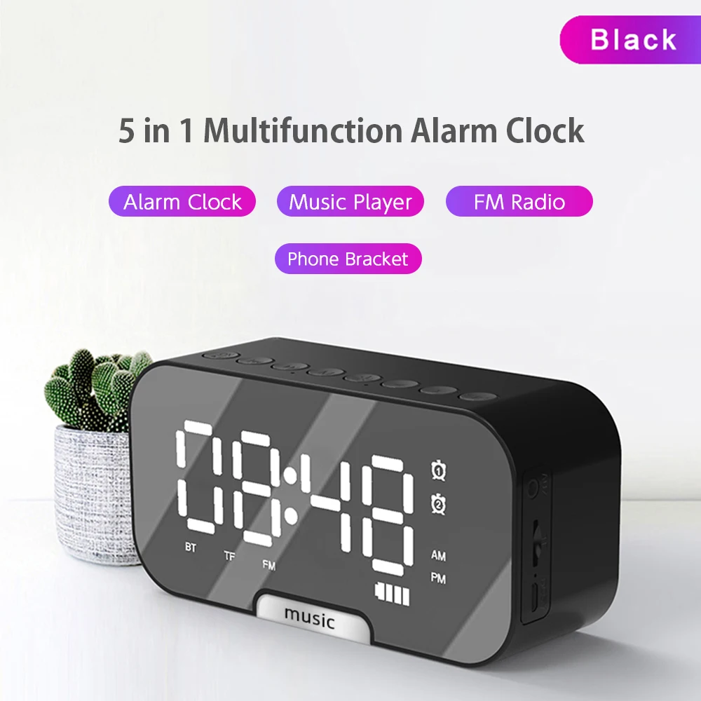 Digital Mirror Surface Alarm Clock Desktop Portable BT Speaker & FM Radio Rechargeable Support TF Card for Home Office Travel