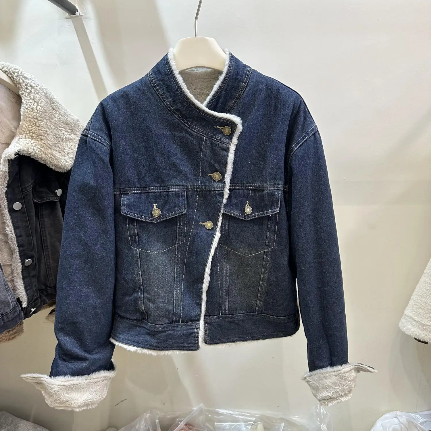 

Denim Coat For Women Dark Fur Plush Womens Autumn Double-Breasted Waist-Closed Beaded Fitted Subcultures Urban Social Gathering