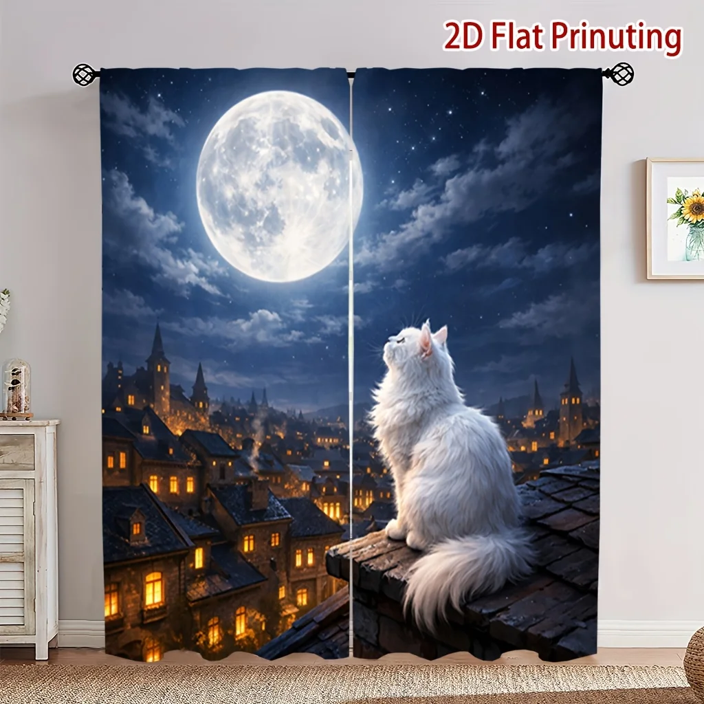 Night Town White Longhair Cat Window Curtains 2 Panels, Giant Bright Full Moon Star Cloud Warm Lit Old Houses Home Decor Curtain