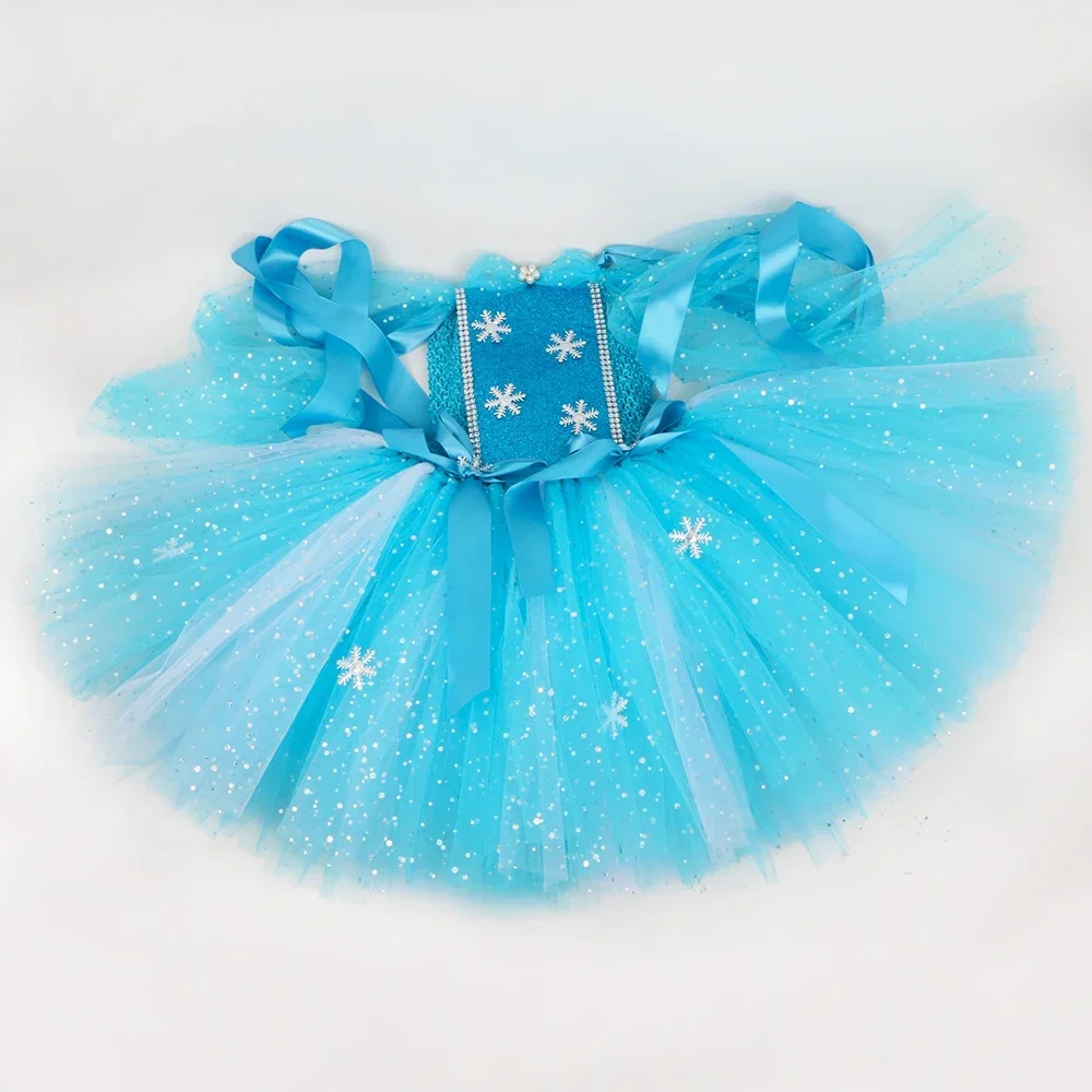 Glittery Princess Elsa Tutu Dress for Girls Birthday Party Dresses Ball Gown Snow Queen Cosplay Kids Christmas Halloween Costume