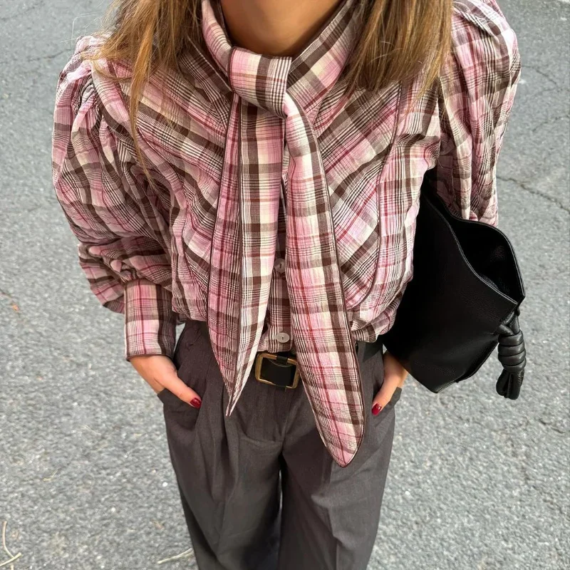 

New Elegant Plaid Puff Sleeve Tie Neck Blouse Fashion Loose Single Breasted Women's Shirt 2025 Chic Female Spring Commute Tops