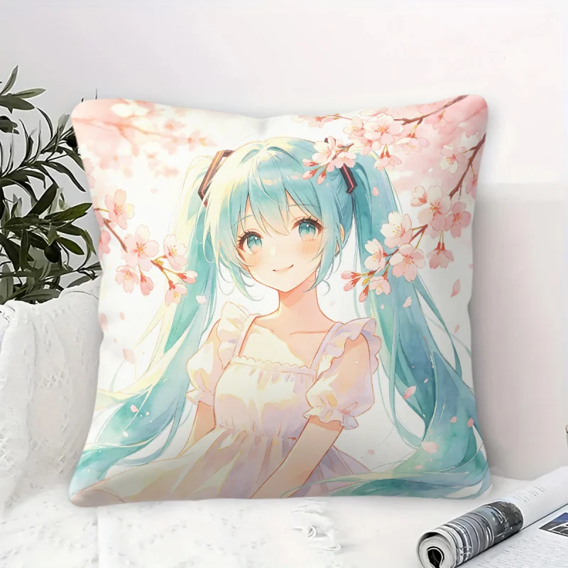 

Hatsune Miku Cherry Blossom Watercolor Throw Pillow Soft Anime Cushion for Gaming Room Teen Room Sofa Bedroom Decor Gift for Fan