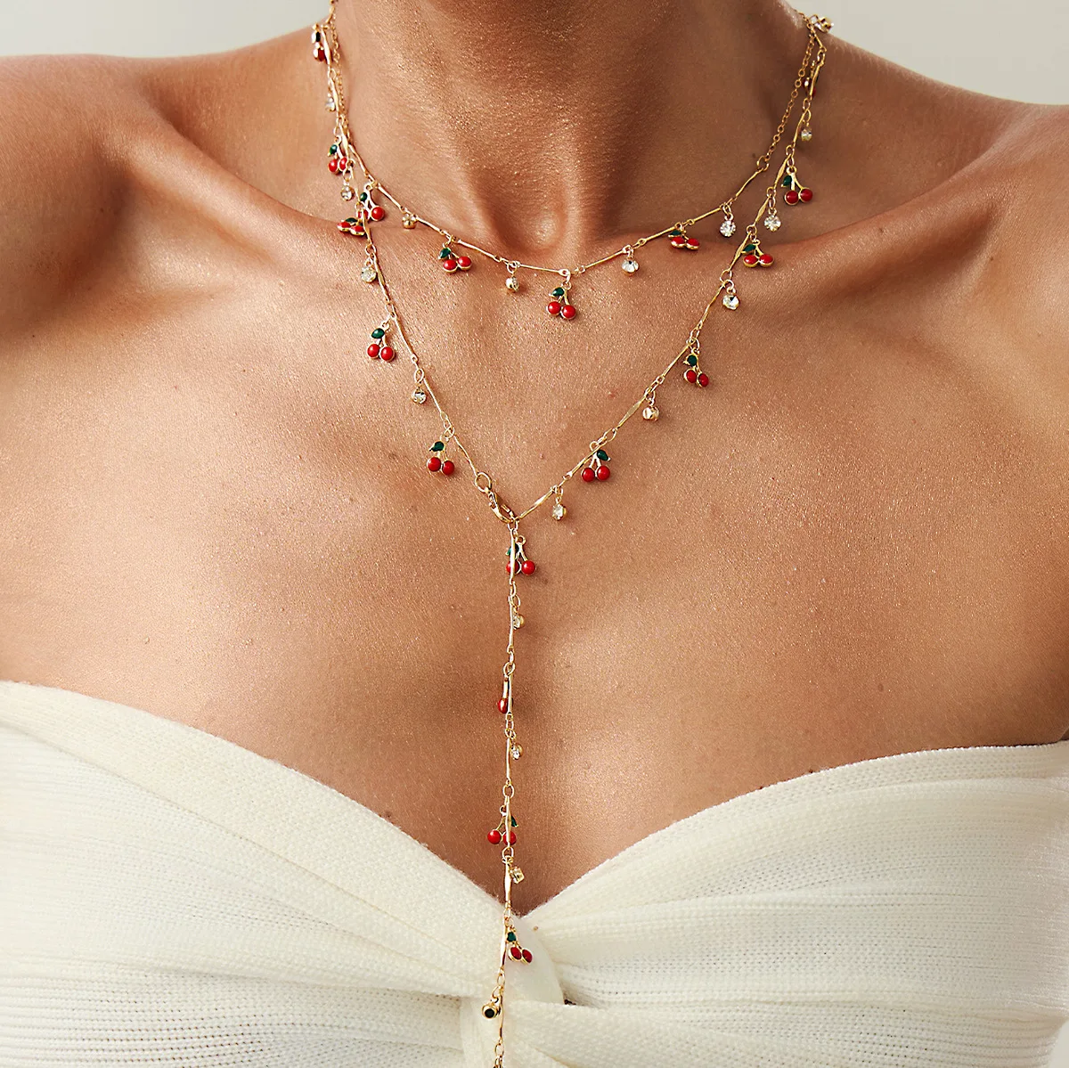 Necklace Y Style Fruit Cherry Pendant Long Tassel with Durable Silver Adjustable Clasp for Women Edgy Casual Night Out Refined