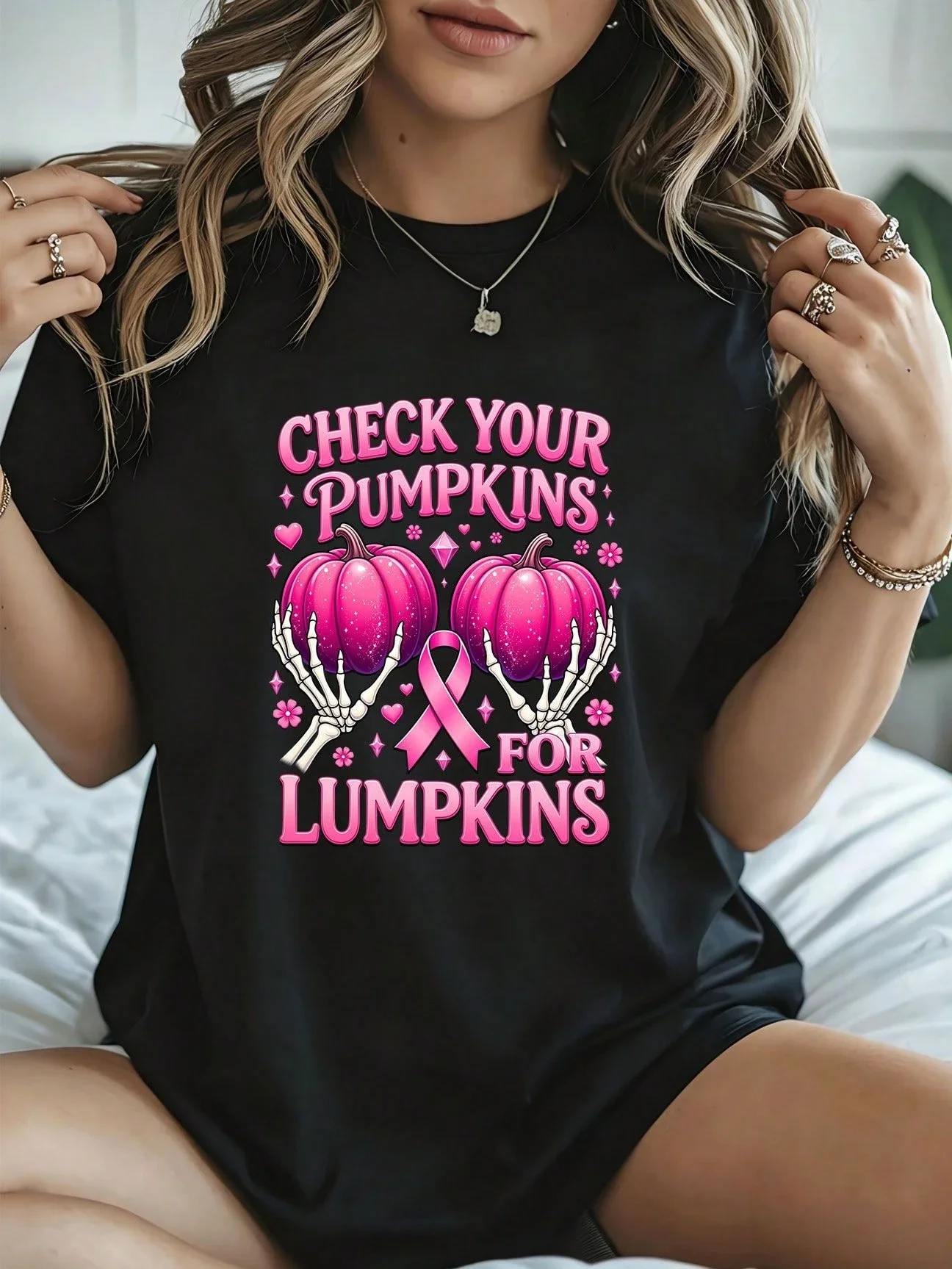 Oversized, Casual, Breast Cancer Awareness, Check Your Pumpkins Lumpkins Skeleton Hands Graphic,-Shirt, Crew Neck Sleeve