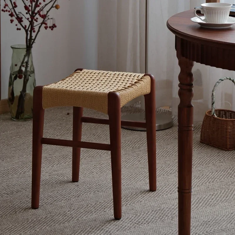 

Vintage Entrance Shoe-Changing Stool Rattan Simple Bedside Vanity Chair Living Room Dining Step Stool