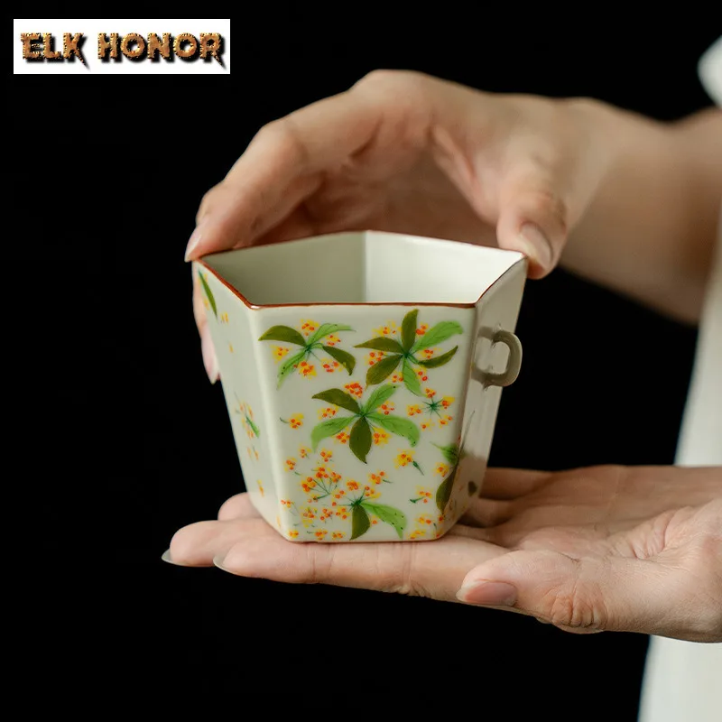 

180ml Ru Kiln Hand-painted Osmanthus Teacup Luxury Tea Bowl Tea Cup Set Tea-tasting Personal Cup Jianzhan Master Cups Drinkware