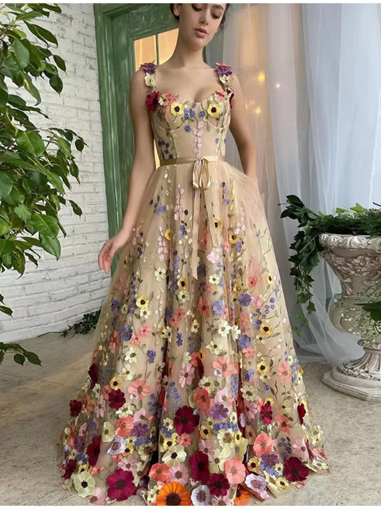 Elegant 3D Flowers Embroidery Women Strap Dresses Sweet Lace up Off Shoulder Backless Party Dress 2024 Spring Summer Lady Robe