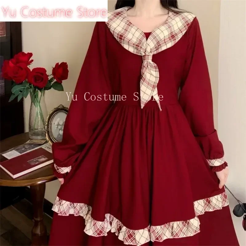 

Yu Costume Preppy Style Vintage Red Velvet High WaistLolitaDress Harajuku Retro Sweet Women Temperament Elegant Princess Dresses