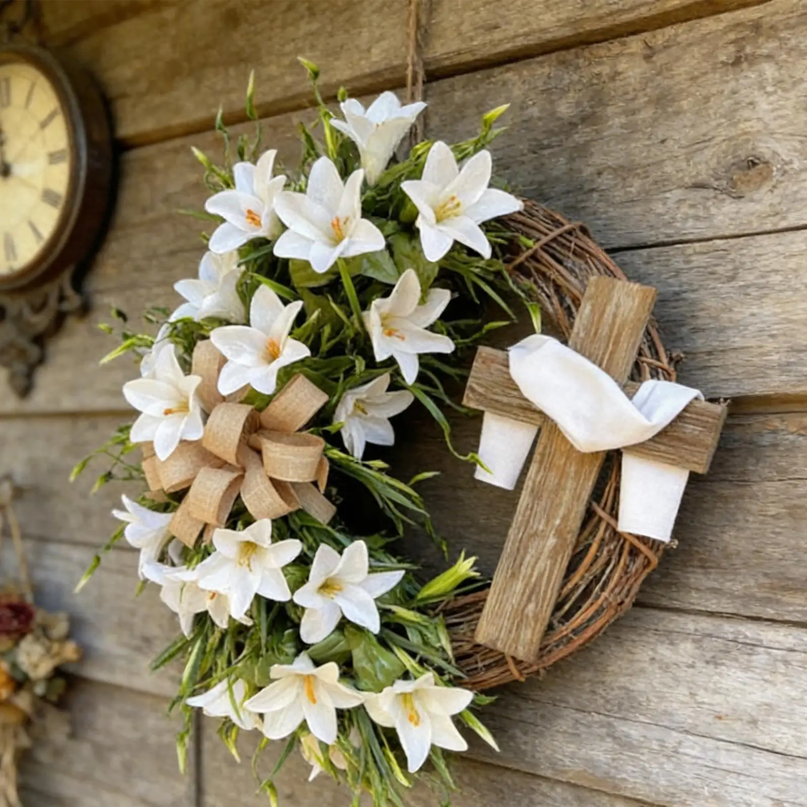 

Пасхальный венок ручной работы с дизайном в виде лилии и креста, гирлянда для улицы, пасхальные венки для семьи, друзей, мужчин, женщин, праздничный декор для дома и стен