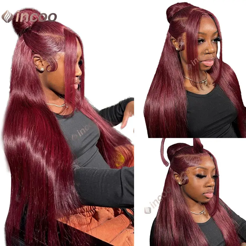 Burgundy 13X6 Lace Frontal Wig Human Hair Wigs Pre-Plucked Red 13x4 Straight Lace Front Human Hair Wigs Pre Plucked For Women