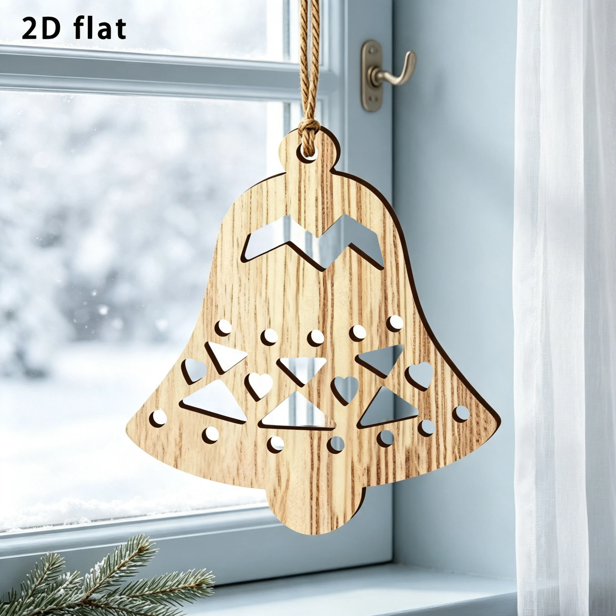 Wooden Christmas Bell Ornament 2D Flat Cutout Hanging Pendant, Rustic Wood Christmas Tree Decoration for Holiday Home Wall Decor